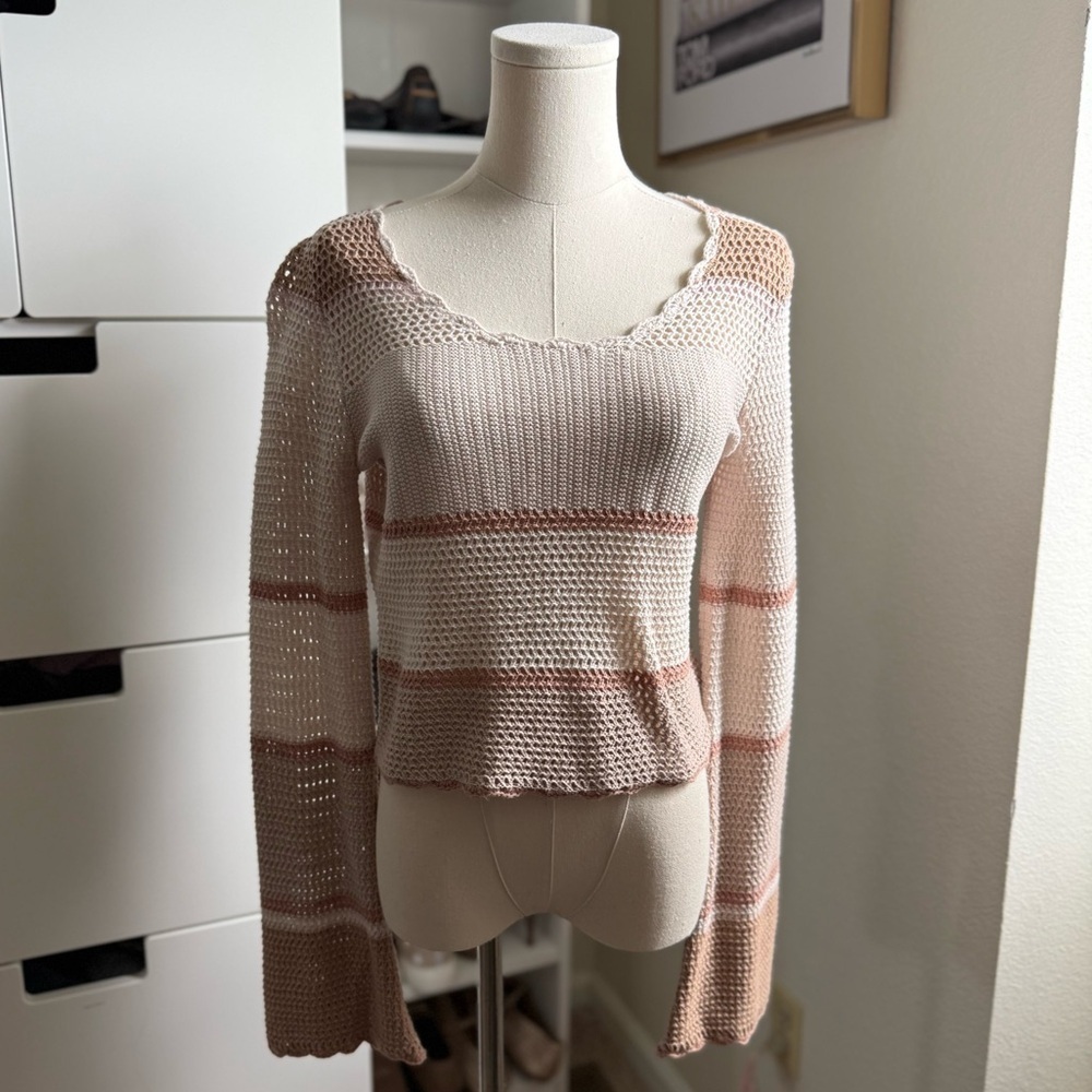 NWT Pink Rose Brown and Pink Crew Neck Long Sleeve Knit Shirt Sweater Size L